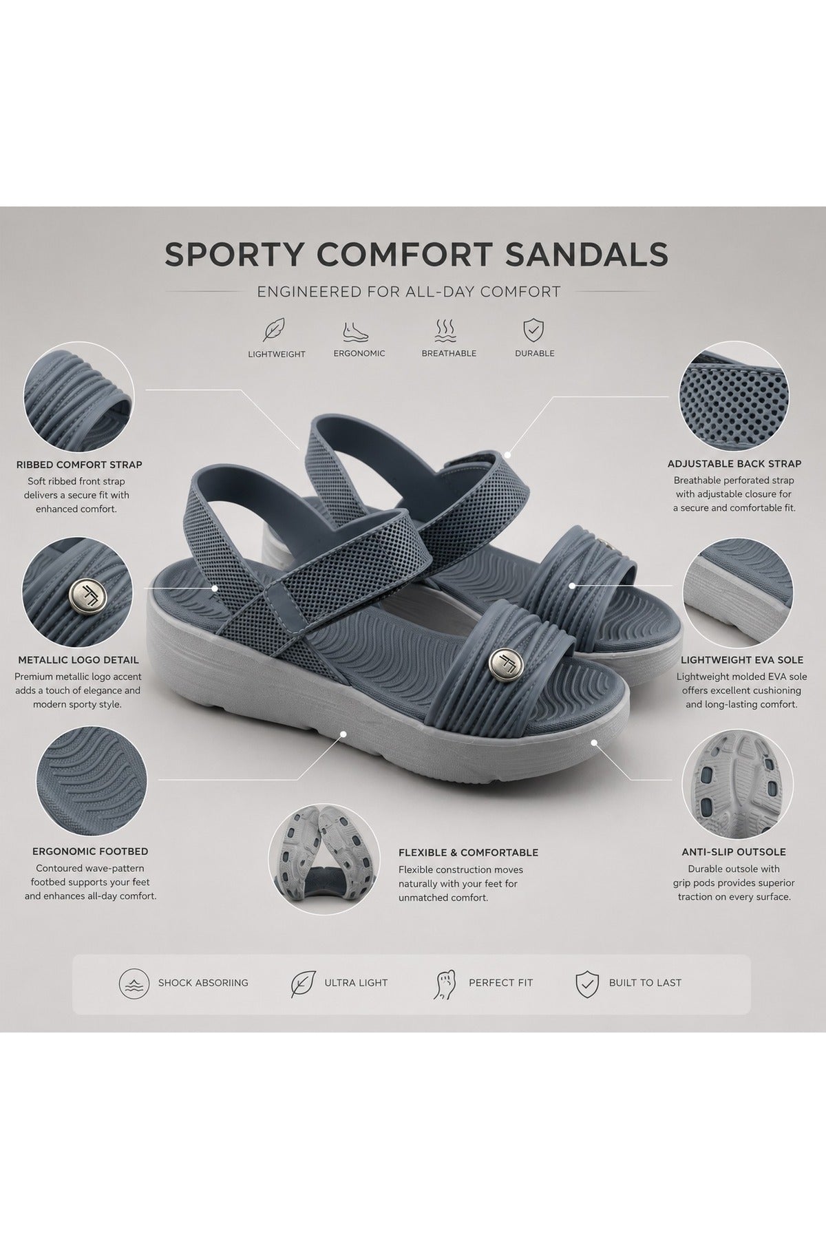 Feet First Unisex Comfort Sandals - Grey Secondary image